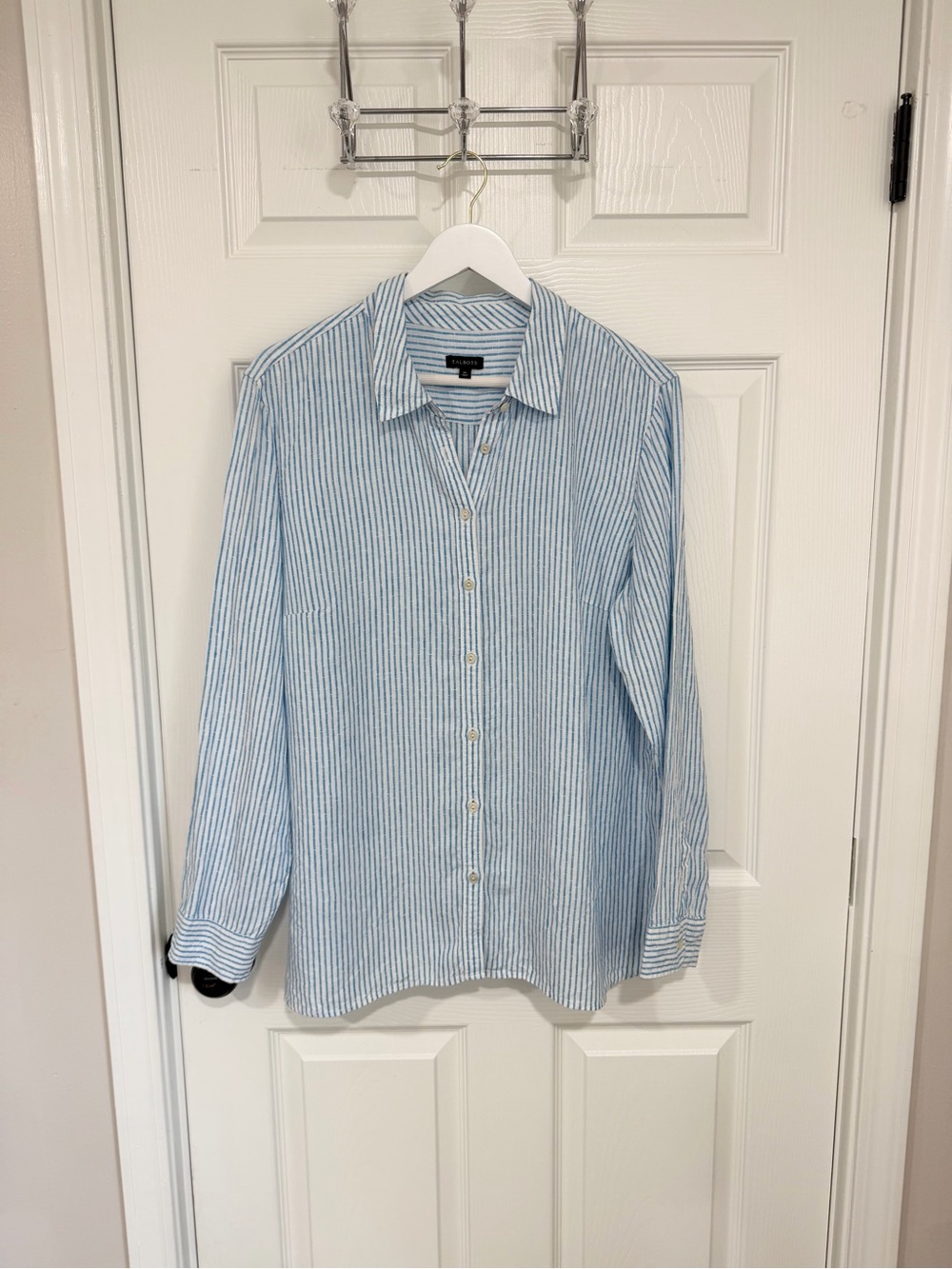 Talbots 100% Linen Blue Stripe Button Shirt Coastal Grandma Quiet Luxury XL - Picture 7 of 7